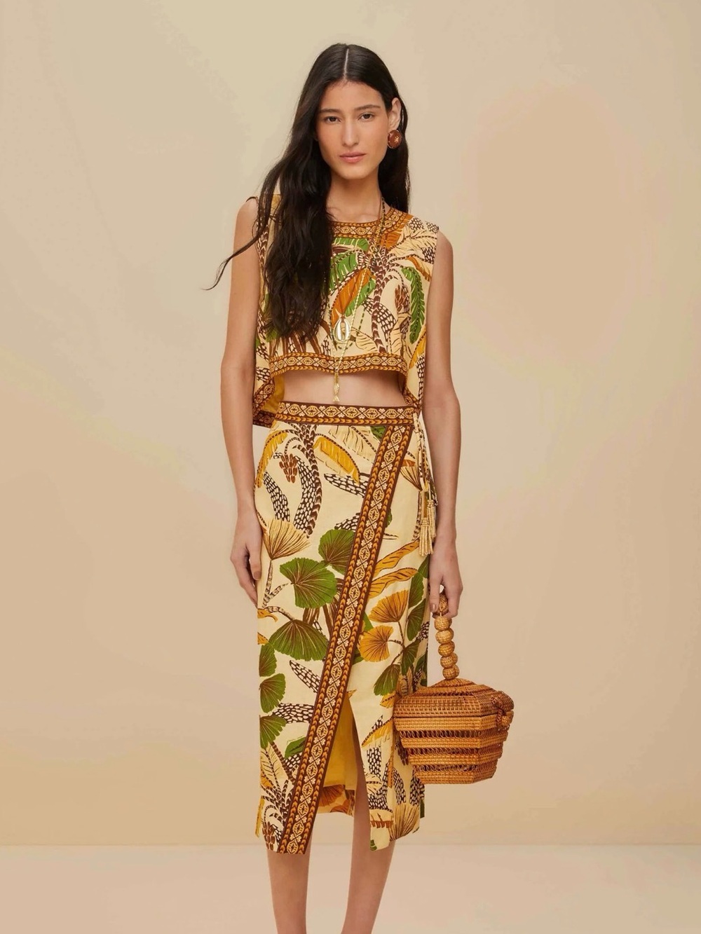 FARM Rio Cream Tropical Leaf Print Skirt Set with Green & Yellow Accents - Picture 2 of 2